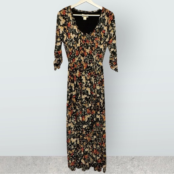 Anthropologie Maeve Omya Smocked Maxi Dress in Black & Orange Floral Print XS - Picture 8 of 12